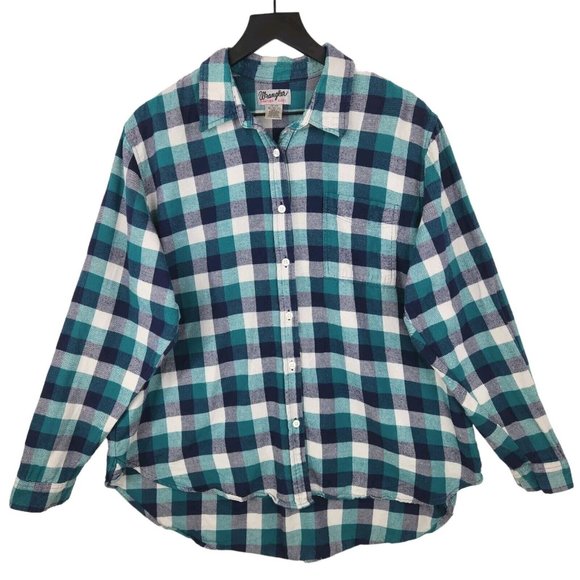 Wrangler Wrancher Button Shirt Size XL Plaid Blue Green Pocket Cotton Western - Picture 1 of 8
